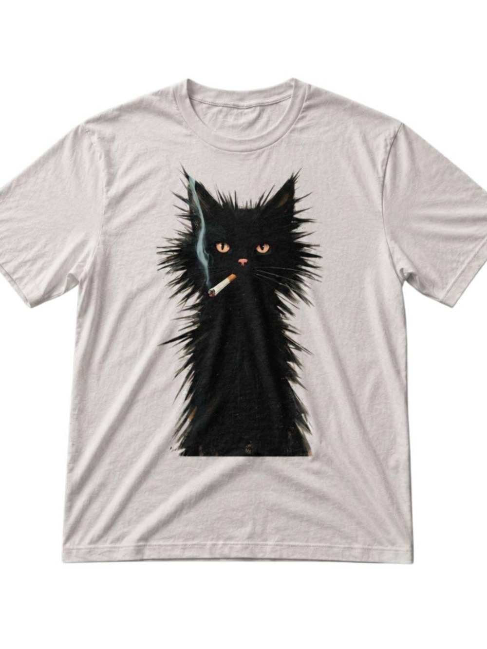 Gildan White Tee with Black Cat Graphic and Orange Eyes